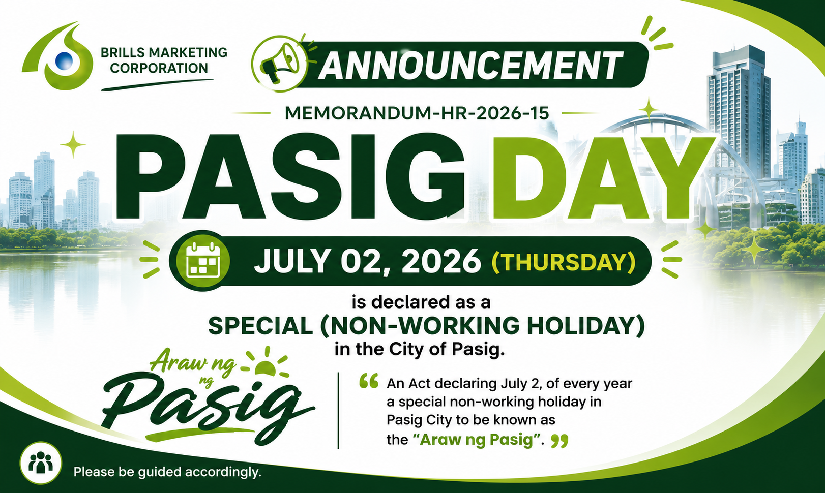 July 02, 2026, Pasig Day —  Special Non-Working Holiday