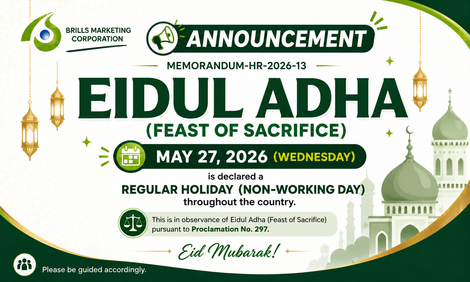 Eidul Adha (Feast of Sacrifice) – Regular Holiday